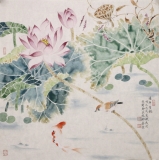 刘换天没骨花鸟-连年有余 68*68cm